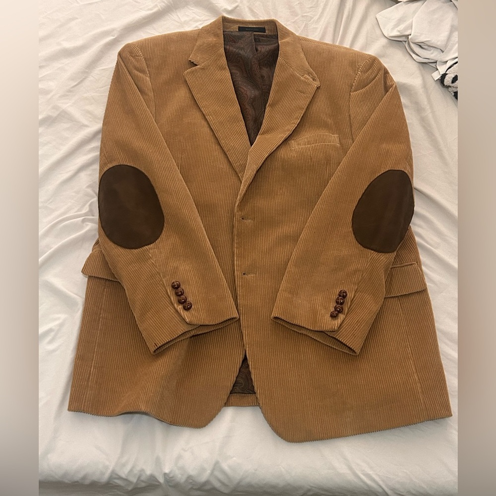 Lauren Ralph Lauren Men’s 46R Beige Corduroy Blazer Paisley Lining Elbow Patches